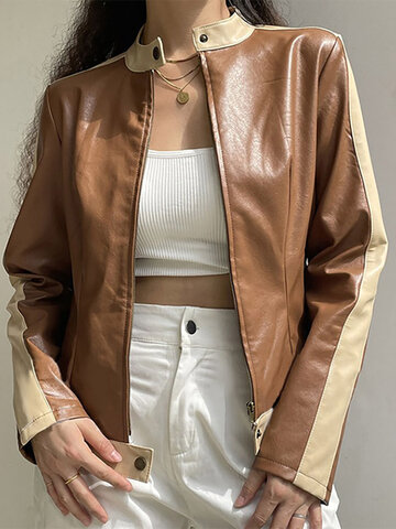 Contrast PU Leather Zip Jacket