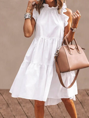 Solid Color Sleeveless Casual Pleated Dress