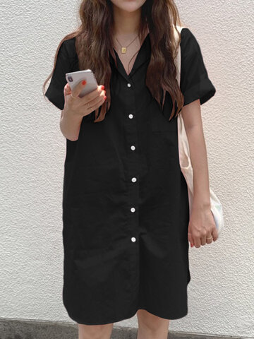 Solid Button Casual Cotton Shirt Dress