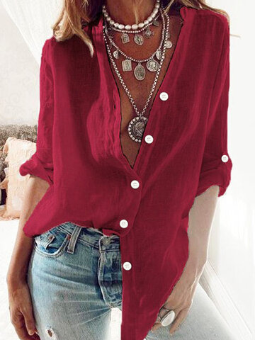 Solid Color Long Sleeve Stand Collar Casual Shirt For Women