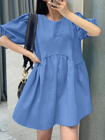 Puff Sleeve Solid A-line Dress