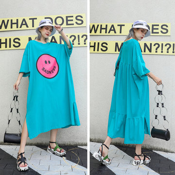 

Europe And The United States Large Size Women's Dress New Season Loose Cover Meat Fat Mm Hem Open Fork T-shirt Tide