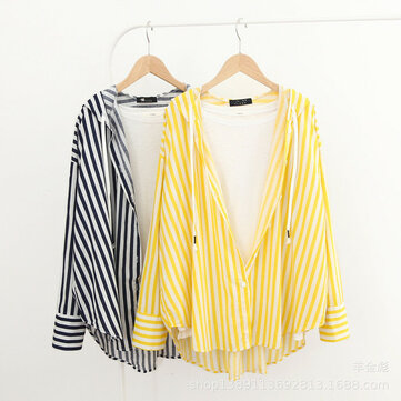 

19 Summer New Casual Simple Korean Version Of The Loose Vertical Stripes Thin Section Hooded Long-sleeved Shirt Sunscreen Shirt R355