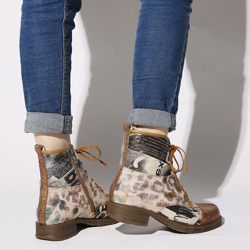 Retro Newspaper Pattern Ankle Boots