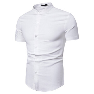 

Men's Solid Color Shirt 2019 Summer New Collar Collar Solid Color Cotton And Linen Men's Casual Short-sleeved Shirt 9720