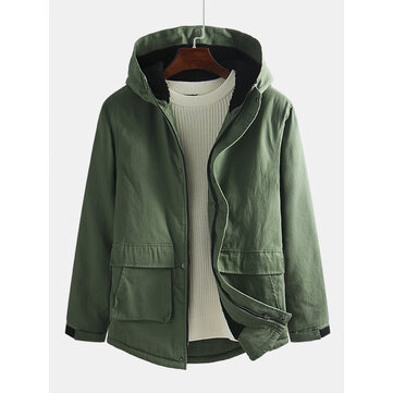 Men’s Plain Solid Color Fleece Lining Thicken Zipper Hooded Jacket