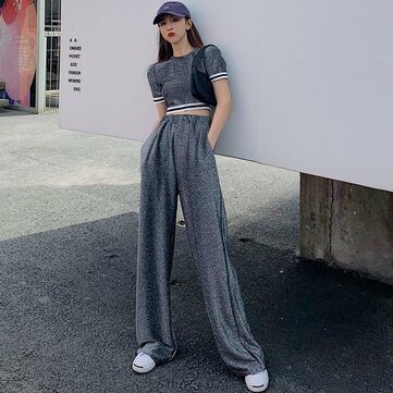 

Season New Exposed Navel Short-sleeved T-shirt Top + High Waist Casual Wide Leg Pants Two-piece Fashion Suit Women's Clothing