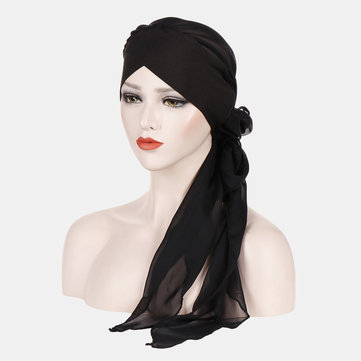 Beanie Hat Solid Color Fashion Chiffon With Long Tail 