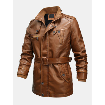 Men Warm Mid-long Leather Jacket