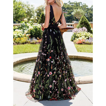 Embroidered Backless Evening Dress