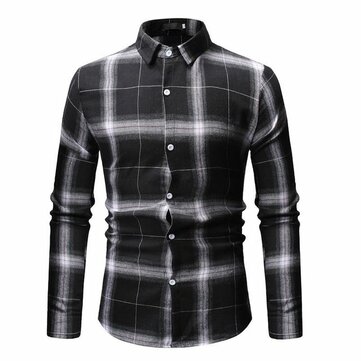 

New Foreign Trade Men's Casual Lattice Lapel Men's Long-sleeved Shirt Men's Self-cultivation British Wind Large Size Shirt