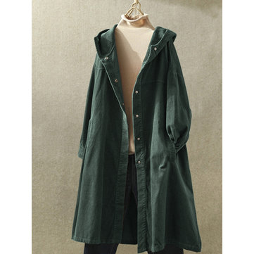 Corduroy Button Solid Color Hooded Jacket