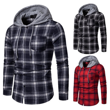 

Foreign Trade New European Version Of Men's Business Spring And Autumn Plaid Casual Hooded Long-sleeved Shirt Men's Self-cultivation Long-sleeved Shirt