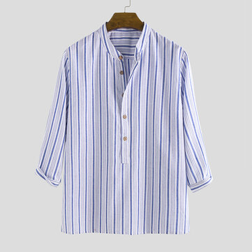 100% Cotton Striped Loose Henley Shirts