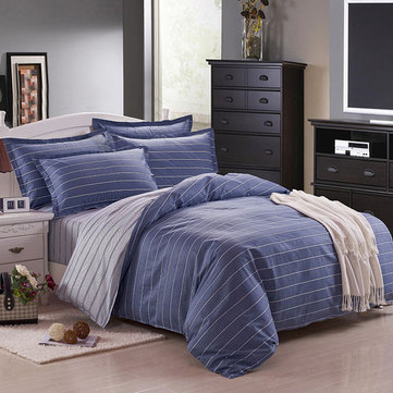 3 Or 4pcs Dark Blue Pure Cotton Taffeta Stripe Printed Bedding Sets 4 Size