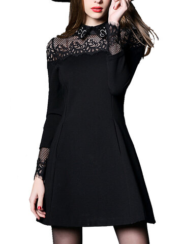  Elegant Lace Patchwork Black Slim Long Sleeve Zipper A-line Dress
