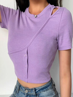 Hollow Solid Color Button Short Sleeve T-shirt For Women Other Image