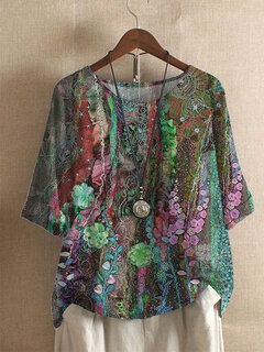 Flower Print O-neck Loose T-shirt Other Image