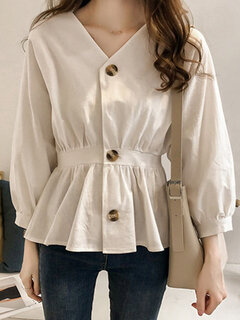 Solid Button Long Sleeve Blouse Other Image
