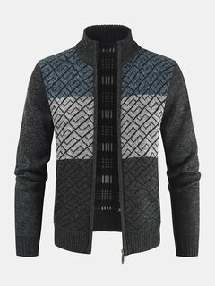 Patchwork Stand Collar Knitted Sweater Cardigan Other Image