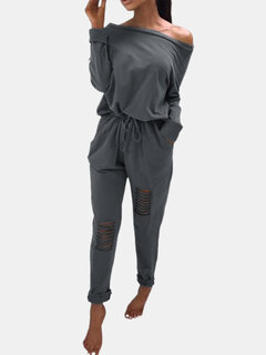 Solid Color Ripped Casual Jumpsuit Other Image