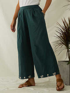 Floral Embroidery Elastic Waist Pants Other Image