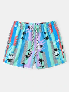 Men Palm Tree Colorful Geometric Mesh Inside Beachwear Shorts