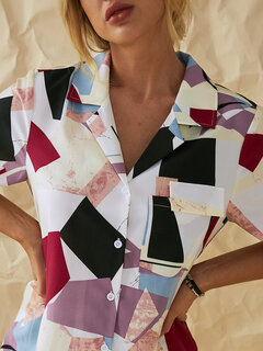 Geometric Patchwork Printed Lapel Shirt Other Image