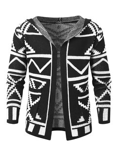 Geometric Pattern Knitted Hooded Cardigans Other Image