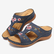 Flower Embroidered Vintage Casual Wedges Sandals,Stylish Embroidered Sandals,Summer Retro Fashion Beach Platform Slippers for Women,Arch Support Comfortable Orthopedic Sandals Blue,10