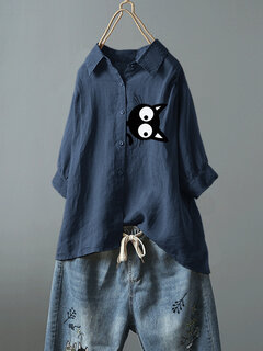 Cartoon Cat Printed Button Down Blouse Other Image