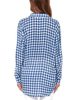 Women Pocket Plaid Long Sleeve Blue Single Breasted Lapel Blouse  Other Image