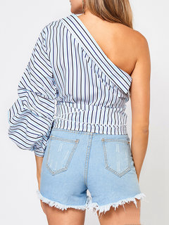 Sexy Stripe One-shoulder Tie Lapel 3/4 Sleeve Women Blouses Other Image