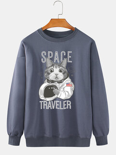 Sweat-shirt en coton à col rond imprimé graphique Space Cat pour homme