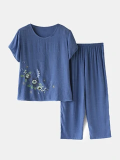 Women Flowers Print Loungewear Short Sleeve Floral Loose Breathable O-Neck Summer Pajamas