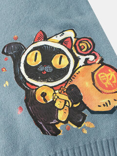Cartoon Fortune Cat Print Sweaters Other Image