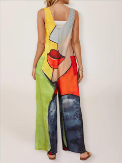 Abstract Portrait Print Pocket Jumpsuit Other Image