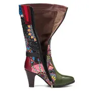 SOCOFY Women Fireworks Handmade Genuine Leather Splicing Buckle High Knee Boots