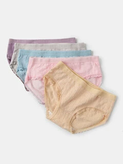 5Pcs Women Stripe Lace Cotton Breathable Mid Waist Panties