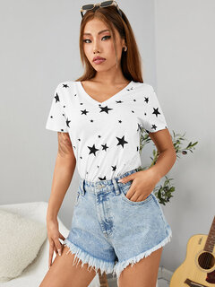 Stars Print V-neck Casual T-shirt Other Image