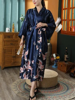 Women Crane Pattern Faux Silk Knotted Smooth Luxury Home Robes