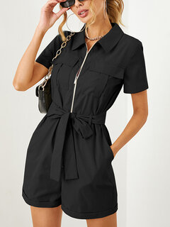 Knotted Zip Front Lapel Collar Romper Other Image