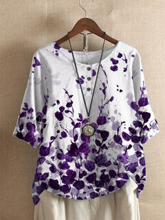 Leaves Print O-neck Button T-shirt Other Image