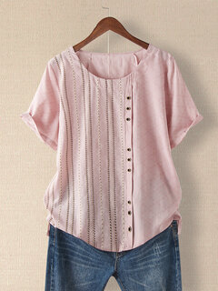 Striped Embroidery O-neck Button T-shirt Other Image