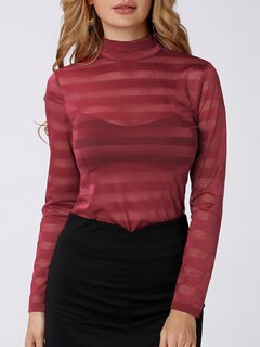 Sexy See-through Stripe Long Sleeves Turtleneck Women T-shirt Other Image