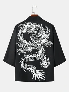 Mens Back Dragon Print Letter Short Sleeve Kimono Top