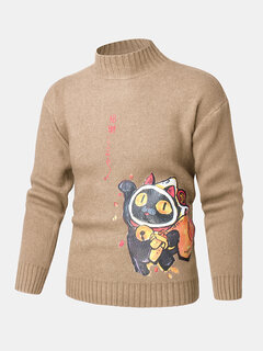 Cartoon Fortune Cat Print Sweaters Other Image