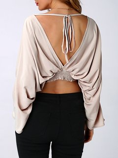 Sexy Long Horn Sleeve Backless V-neck Elastic Blouses For Women Other Image