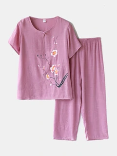 Women Flowers Print Loungewear Set Breathable Mandarin Button Loose Pajamas