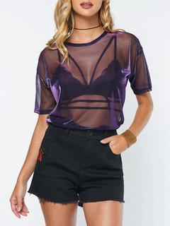 Sexy See-through Mesh O-neck Short Sleeve Women T-shirts Other Image